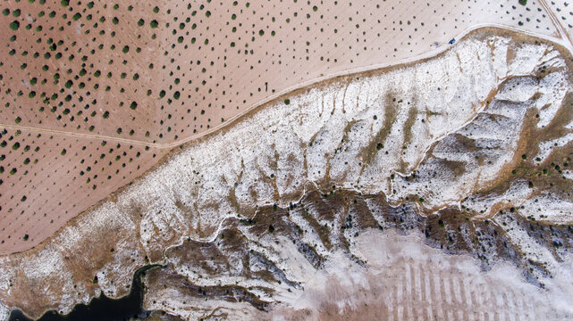 Pistachio orchards on heavily eroded semi-arid terrain with calcareous badlands formations. The landscape reflects soil degradation, dryland agriculture and desertification risk.