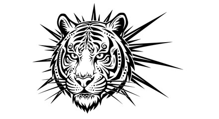 Tribal Tiger Head Illustration with Spiky Sunburst Detail © Slamet