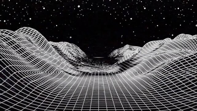 Grid lined synthwave landscape with VHS glitches in monochrome