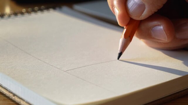 Placing orange pencil tip on guide cross, right-hand sketching draft curve on notebook, copy space