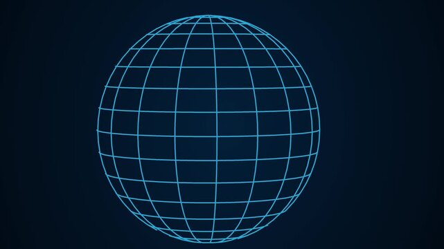 3D rendering of a sphere made up of thin blue lines. The lines are arranged in a grid-like pattern, with each line intersecting at the top and bottom of the sphere.