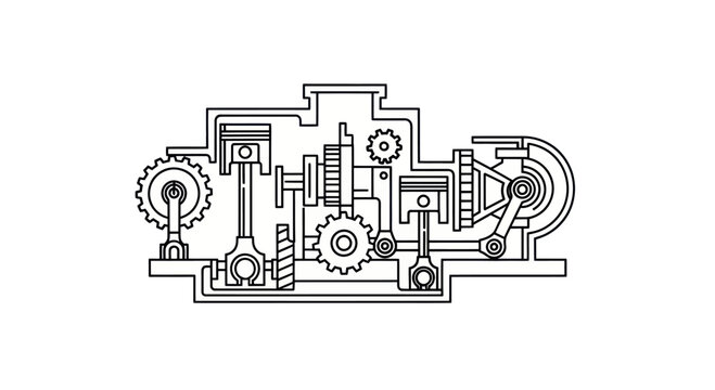 Internal Combustion Engine Diagram: Piston, Crankshaft, Gears, Mechanism