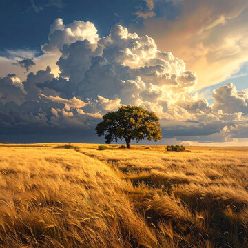 Awan dramatis di atas sebatang pohon tunggal di ladang keemasan