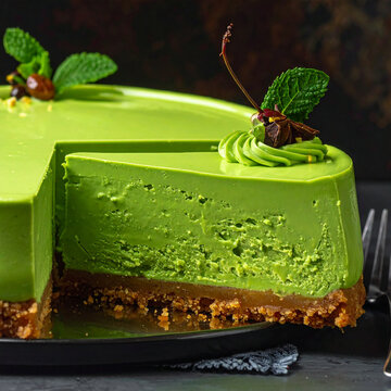 Sepotong kue keju matcha dengan topping ceri dan mint