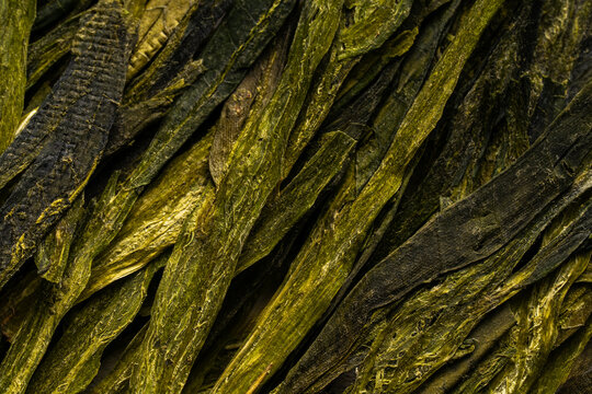 Close-up texture of dried Chinese green tea leaves