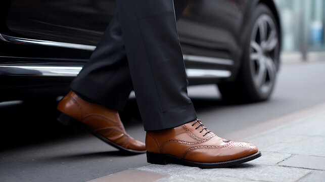 Professional man's legs with brown brogue shoes and dark trousers step out from a sleek, luxury vehicle onto a city sidewalk, conveying elegance