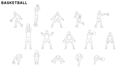Fototapeta na wymiar Basketball player action illustration set with dribbling, shooting, passing, defending, and training poses in clean minimal line drawing style