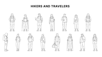 Fototapeta na wymiar Traveler and backpacker standing character CAD drawing set, outdoor adventure people with hiking gear, maps, trekking poles, and travel bags in minimal clean architectural line style