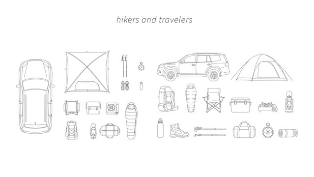 Camping equipment CAD drawing set, outdoor adventure gear including tent, SUV, backpack, sleeping bag, lantern, and hiking accessories in minimal clean architectural line style