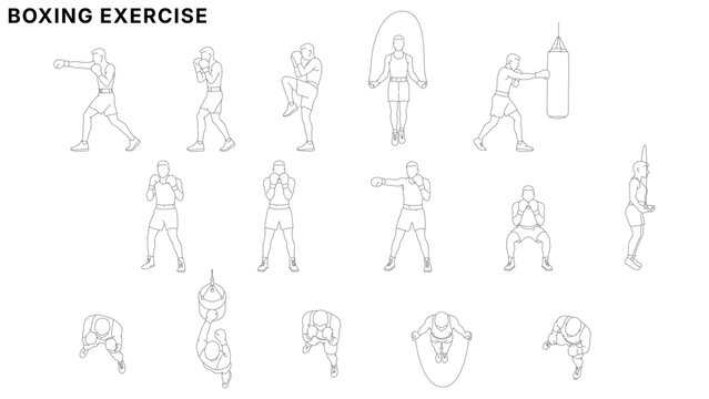 Boxing workout exercise illustration set with boxer training poses, punching, jumping rope, kickboxing drills, and heavy bag practice in clean minimal line art style