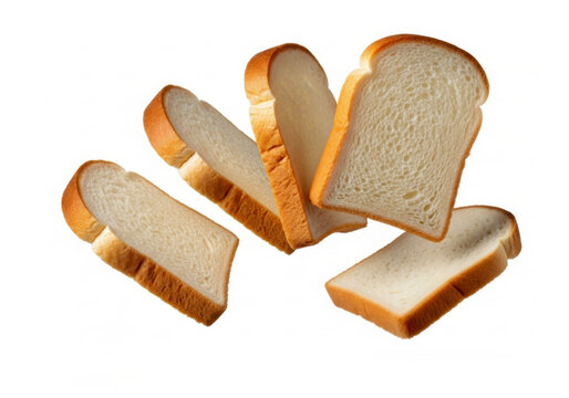 Four slices of white sandwich bread falling over isolated on white background