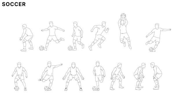Soccer player action illustration set with football dribbling, kicking, running, goalkeeping, and defensive poses in clean minimal line drawing style