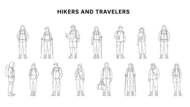 Traveler and backpacker standing character CAD drawing set, outdoor adventure people with hiking gear, maps, trekking poles, and travel bags in minimal clean architectural line style