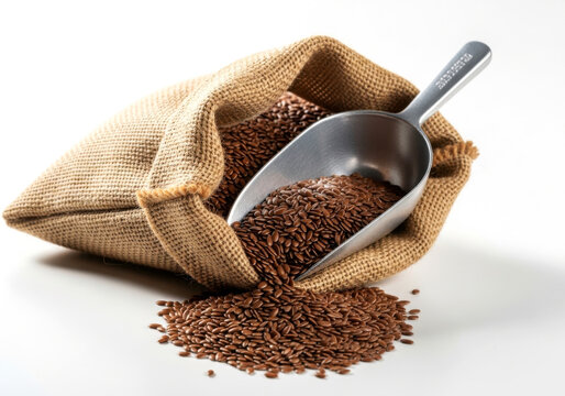 Raw flax seeds in a burlap bag with metal scoop for healthy nutrition isolated on white background
