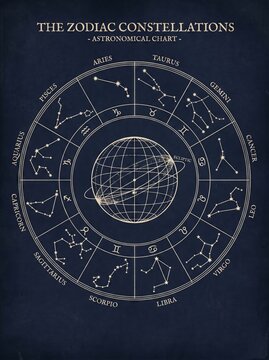 Zodiac constellation map with all 12 signs, line art poster
