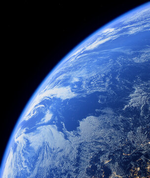 Earth horizon in space with clouds and blue atmosphere