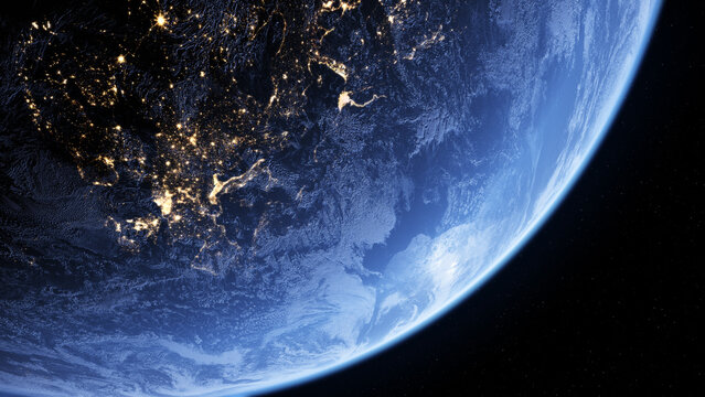 Earth from space with city lights and blue atmosphere