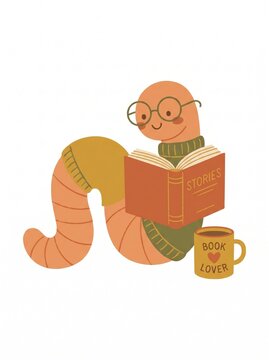 Bookworm reading a book, warm flat graphic illustration
