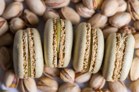 Delicious pistachio macarons with whole pistachios