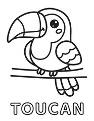 Naklejka premium Cute toucan coloring page for kids with big beak sitting on a branch