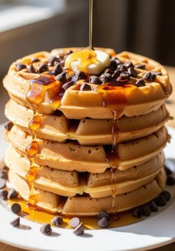 tall stack of waffles topped with syrup, fruit, and whipped cream