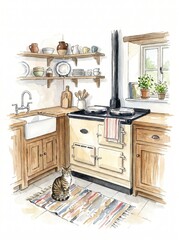 Lamas personalizadas para cocina con tu foto Aga cooker illustration, watercolour of cream country kitchen