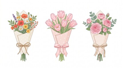 Obraz premium Beautiful Flower Bouquet Illustration Set with Roses, Tulips, and Wildflowers in Paper Wrap for Greeting Cards, Wedding, and Mother's Day