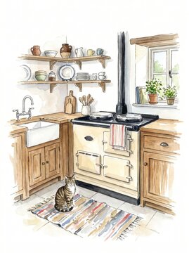 Aga cooker illustration, watercolour of cream country kitchen