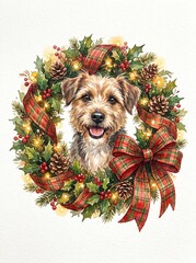 Naklejka premium Dog wrapped in a Christmas wreath, festive watercolour illustration