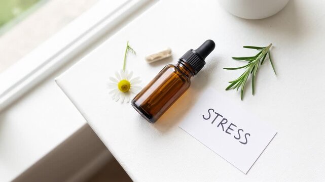 Amber dropper bottle on white surface with herbal elements and card labeled STRESS suggesting natural stress relief and wellness for self care and aromatherapy, shown with soft light and minimal compo