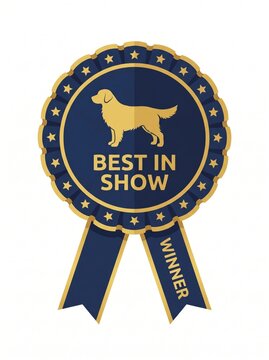 Best in show ribbon badge with dog silhouette, flat graphic illustration