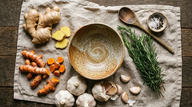 Gut-Healing Ingredients Flat Lay with Turmeric Ginger and Garlic for Anti-Inflammatory Nutrition and Functional Medicine
