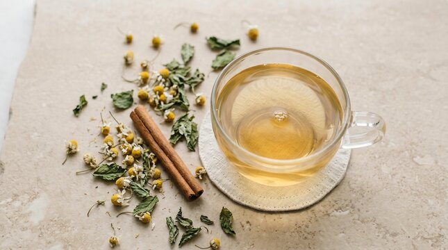 Herbal Digestive Tea with Chamomile Peppermint and Cinnamon on Stone for Holistic Wellness and Gut Health Concept
