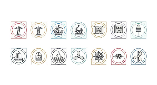 Nautical Icons Set: Lighthouse, Ship, Compass, Propeller, Anchor, Buoy, Globe