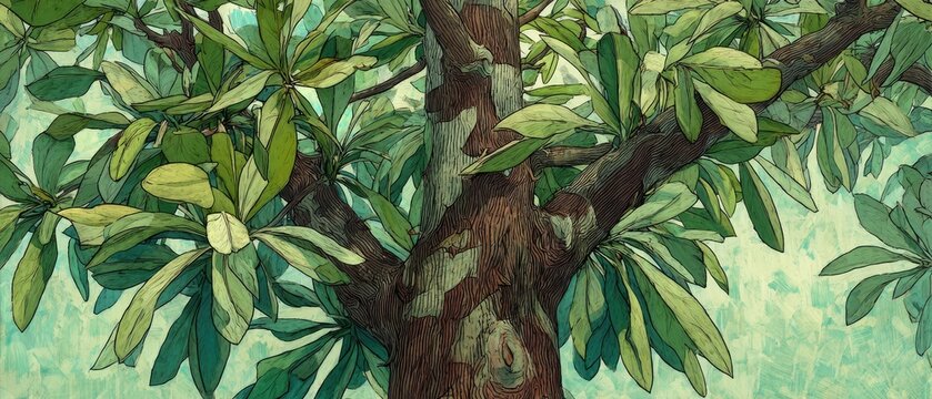 Close-up of a textured tree trunk and lush green foliage against a light background