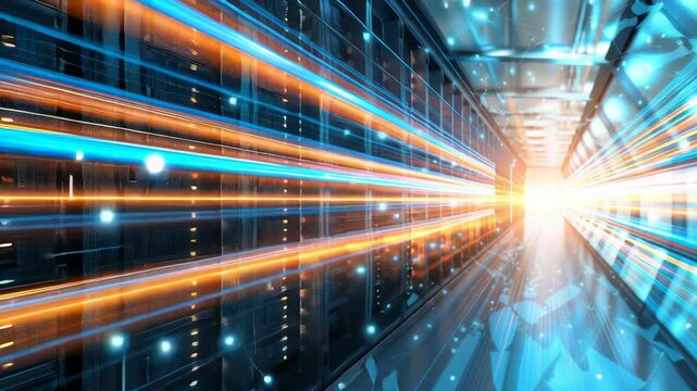 Futuristic server corridor orange beams accelerate through reflective data center racks, blue ambient glow, particle sparks, motion blur, strong sense