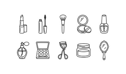 Makeup beauty outline doodle set vector illustration fashion cosmetic icons isolated © Md