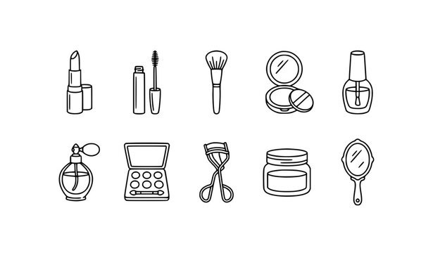 Makeup beauty outline doodle set vector illustration fashion cosmetic icons isolated