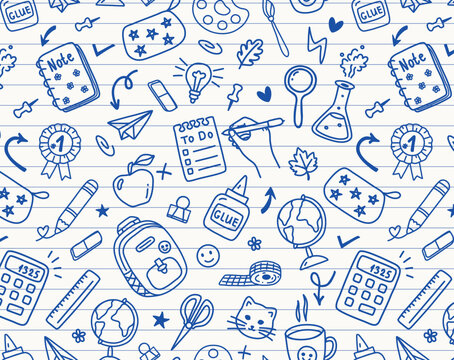 Hand drawn back to school seamless pattern with doodle education icons and school supplies on lined notebook paper background. Blue cartoon vector repeat texture for kids, students and teachers.