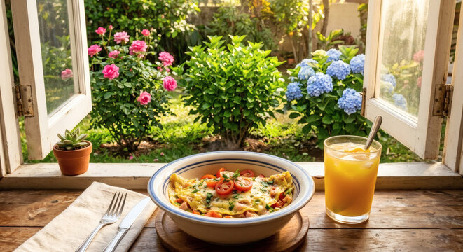 Omelet breakfast with orange juice on a rustic wooden table by an open window overlooking a sunny garden with flowers.