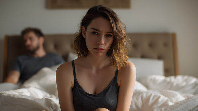 Young woman with sad expression sits on bed in foreground, man in background, reflecting on relationship difficulties and emotional distance