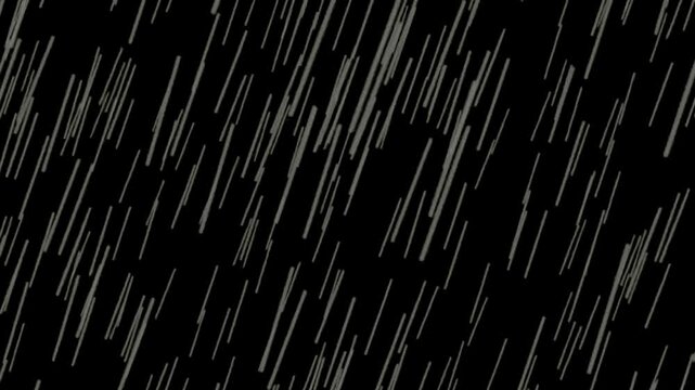 Minimalist 2D rain animation with diagonal falling lines for weather visualization and motion graphics.