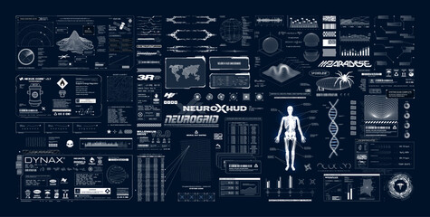 Fototapeta na wymiar Futuristic Sci-Fi Interface elements and HUD data panels. Hi-tech UI, UX, HUD, charts, frames, 3D earth globe, digital infographics, data, dashboard screens. Sci-fi GUI set and 3D elements. Vector set