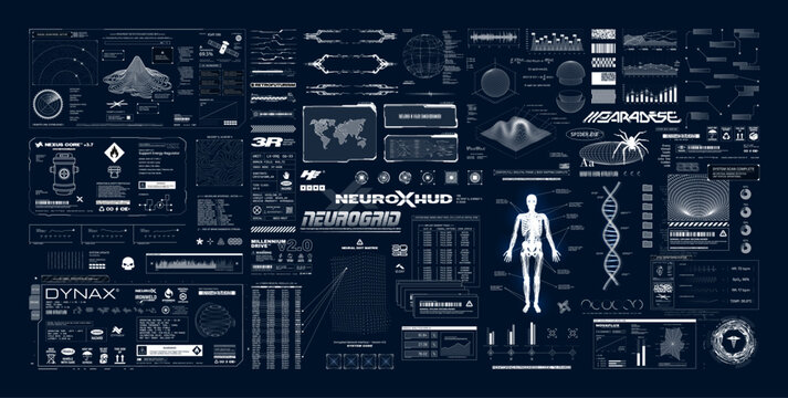 Futuristic Sci-Fi Interface elements and HUD data panels. Hi-tech UI, UX, HUD, charts, frames, 3D earth globe, digital infographics, data, dashboard screens. Sci-fi GUI set and 3D elements. Vector set