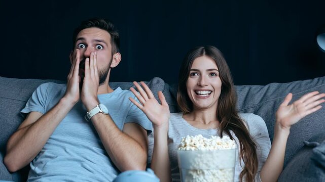 Young couple on couch reacting to thriller, popcorn bowl in hands, cozy blanket draped over knees, dim living room light, surprised expressions, shared suspense