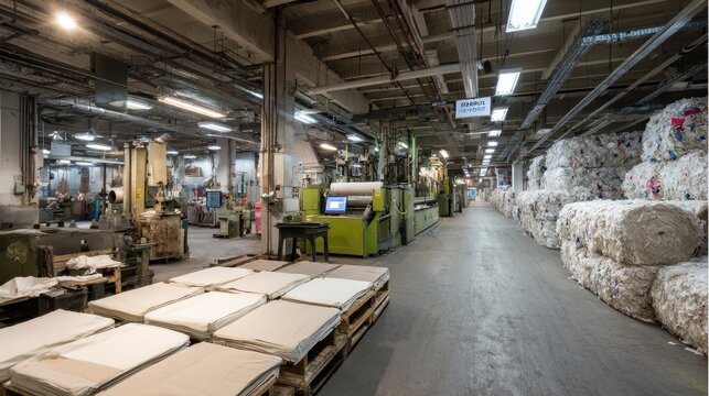 Industrial factory interior with machinery and raw materials
