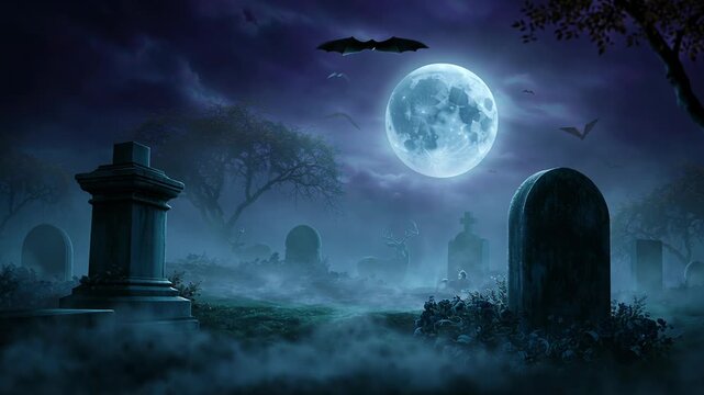Moonlit foggy graveyard at night, ancient tombstones and standing stone silhouetted against full moon, violet mist drifting among crosses, ruined tower