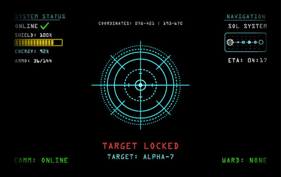 Retro CRT Monitor with Target Lock Sci-Fi HUD Interface. Retrofuturistic Pixel-style CRT radar screen with target lock, navigation data, system status. Old pc military system. Vector interface