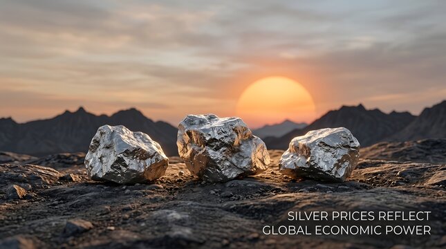 Large silver nuggets on rugged terrain at sunset