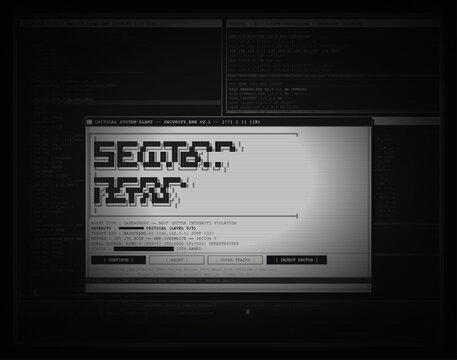 Retrofuturistic CRT monitor with ASCII lettering. Retro security alert terminal interface. Vintage UI 90s, PC terminal with ASCII style typography, VHS glitch effect, and cybersecurity data. CRT art